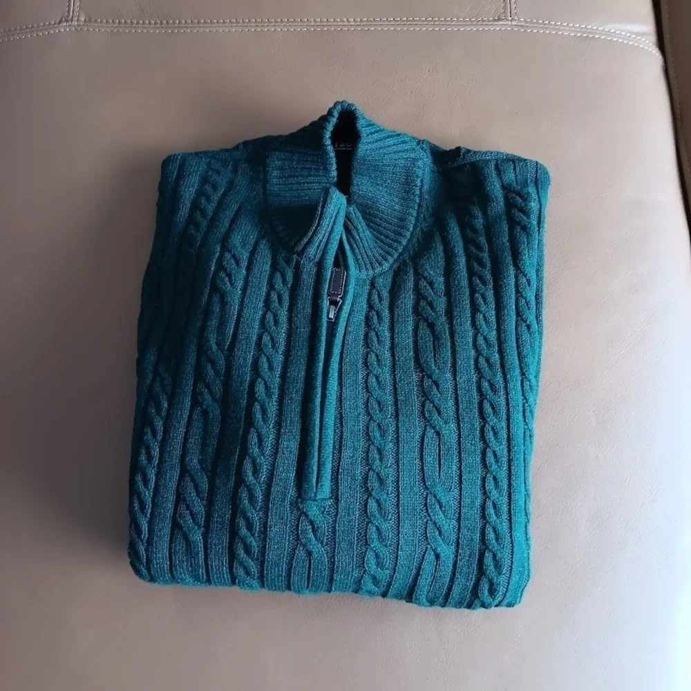 IZOD Men's Green Cable Knit Quarter Zip Sweater Size 2XL Preppy, Business Casual - Picture 3 of 10